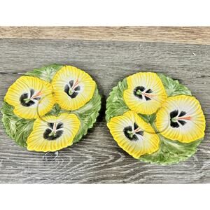Vtg. Fitz and Floyd Pansy Parade Yellow Pansies 6” Saucer ~set Of 2